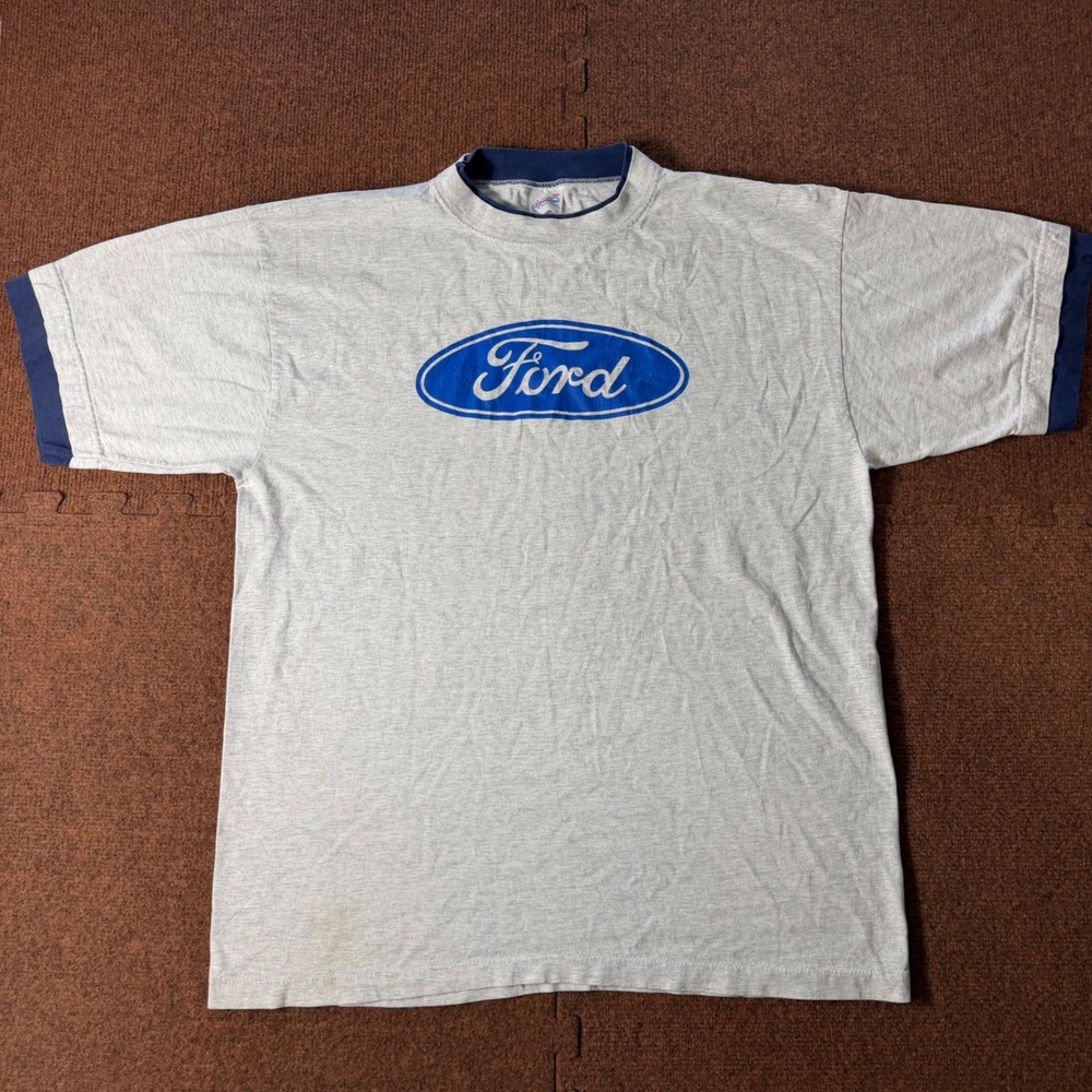 B+ Vintage Alore Ford Logo Ringer T-Shirt XL Gray Blue Contrast Automotive Tee